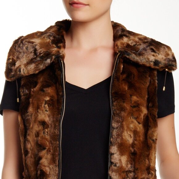Ellen Tracy NEW VEST Crushed Faux Fur Women's L Drawstring Waist BROWN BLACK NWT - Picture 2 of 16